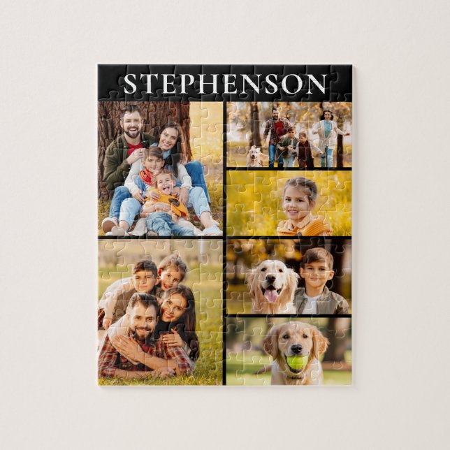 Family 6 Photo Collage Name Simple Jigsaw Puzzle (Vertical)