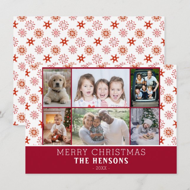 Family 6 Photo Collage Red Snowflakes Christmas Holiday Card (Front/Back)