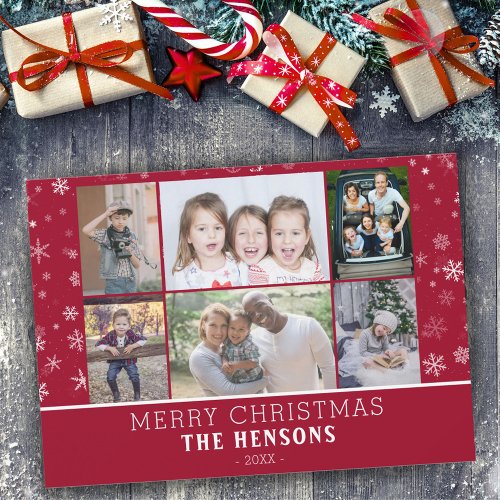 Family 6 Photo Collage Red Snowflakes Christmas Holiday Card