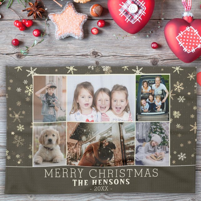 Family 6 Photo Collage Snowflakes Merry Christmas Kitchen Towel (Creator Uploaded)