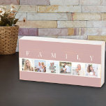 FAMILY 6 Photo Collage Square Picture Strip Pink Wooden Box Sign<br><div class="desc">Distressed wooden box sign personalized with your family photos. The photo template is set up for you to add 6 of your favorite pictures, which are displayed in square format in a simple, strip style, photo collage. Above your pictures, the word "FAMILY" is lettered in modern typography. This smart and...</div>