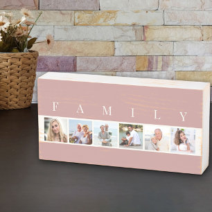 FAMILY 6 Photo Collage Square Picture Strip Pink Wooden Box Sign