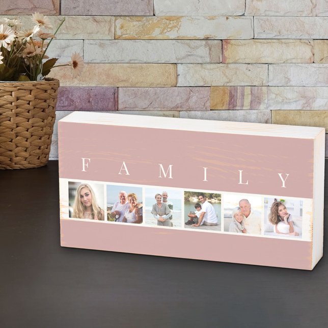FAMILY 6 Photo Collage Square Picture Strip Pink Wooden Box Sign (Creator Uploaded)
