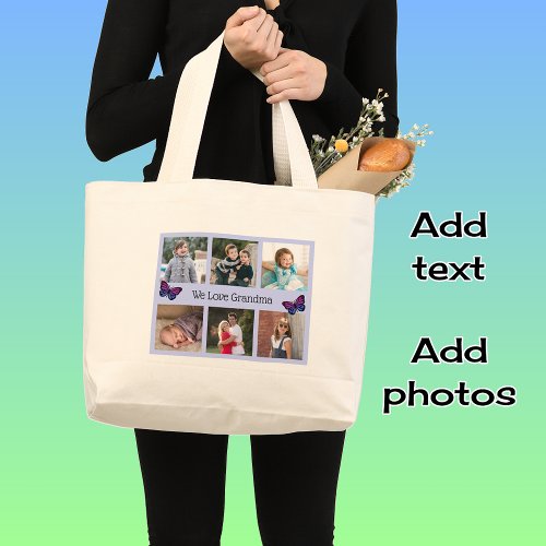 Family 6 photos custom text blue frame butterflies large tote bag