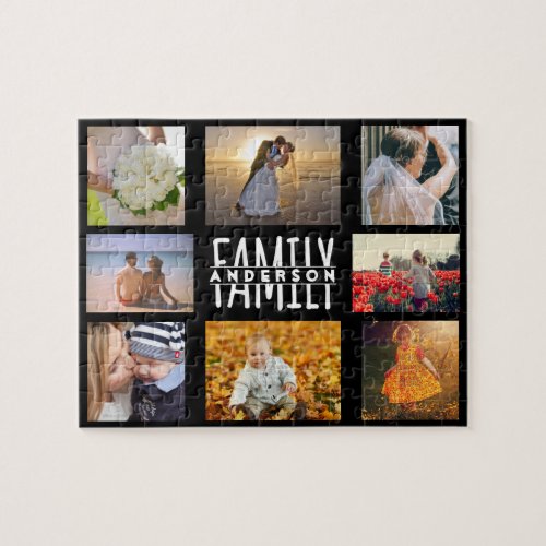 Family 8 Photo Collage and Name DIY Template Black Jigsaw Puzzle