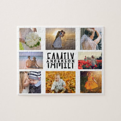 Family 8 Photo Collage and Name DIY Template White Jigsaw Puzzle