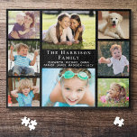 Family 8 Photo Collage Black Jigsaw Puzzle<br><div class="desc">A fun black jigsaw puzzle for family game nights featuring an 8 photo collage of your children,  other family members,  pets,  etc.,  your family name in elegant white lettering and everyone's first names in modern white typography.</div>