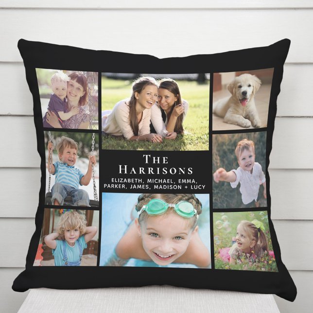 Family 8 Photo Collage Black Throw Pillow (Creator Uploaded)