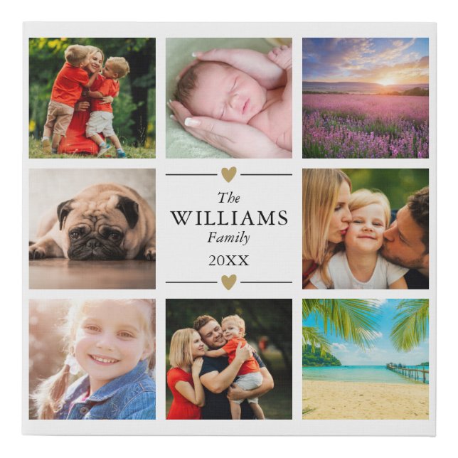 Family 8 Photo Collage Gold Hearts Faux Canvas Print (Front)