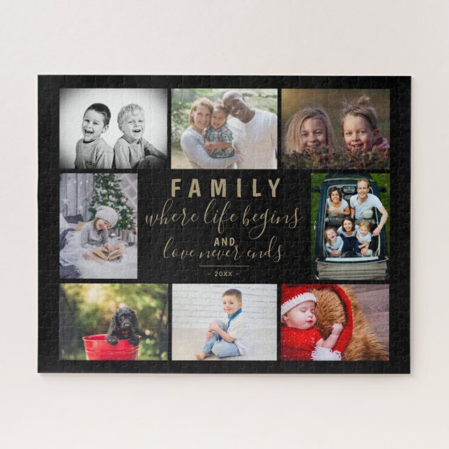 Family 8 Photo Collage Modern Script Jigsaw Puzzle (Horizontal)