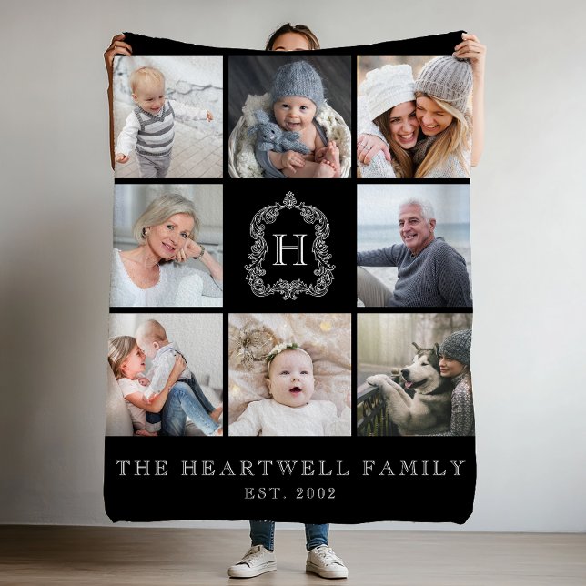 Family 8 Photo Collage Monogram Crest Black White Fleece Blanket (Creator Uploaded)