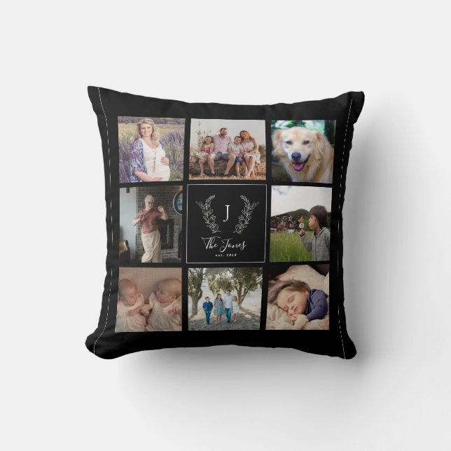 Family 8 photo collage monogram name elegant black throw pillow (Front)