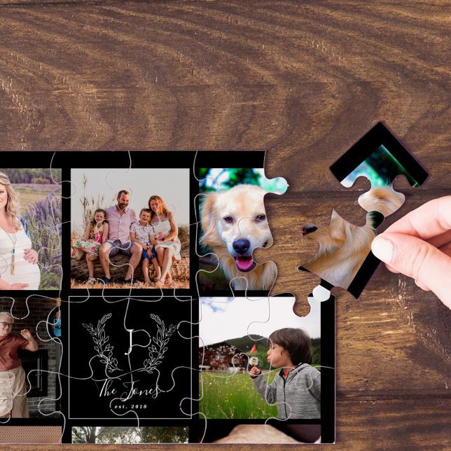 Family 8 photo collage monogram name keepsake jigsaw puzzle (Creator Uploaded)