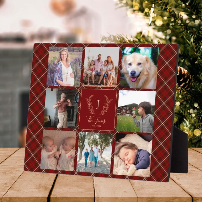 Family 8 photo collage monogram name red plaid plaque (Creator Uploaded)