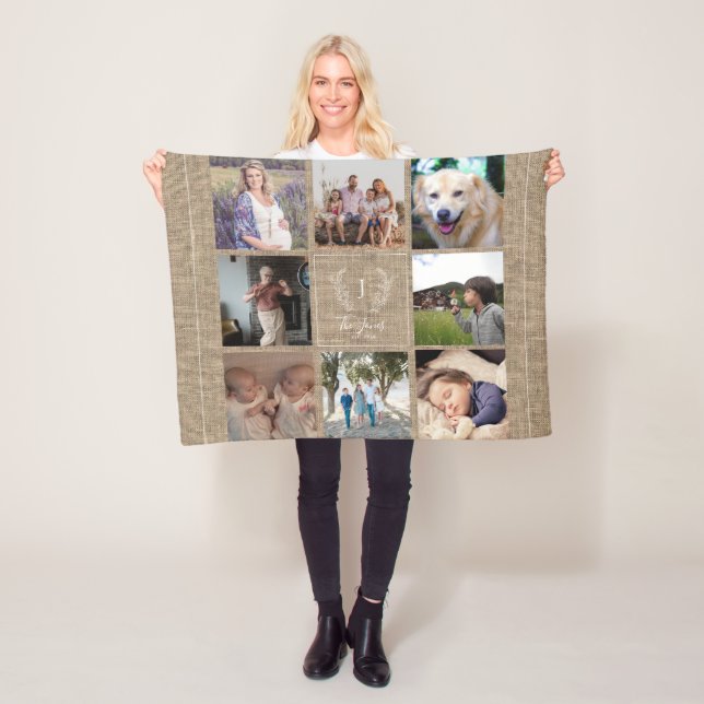 Family 8 photo collage monogram name rustic burlap fleece blanket (In Situ)