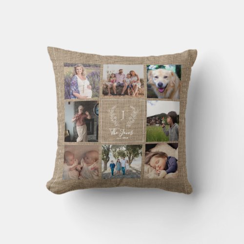 Family 8 photo collage monogram name rustic burlap throw pillow