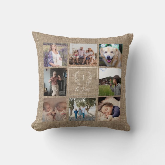 Family 8 photo collage monogram name rustic burlap throw pillow (Front)