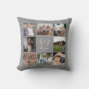 Family 8 photo collage monogram name rustic burlap throw pillow