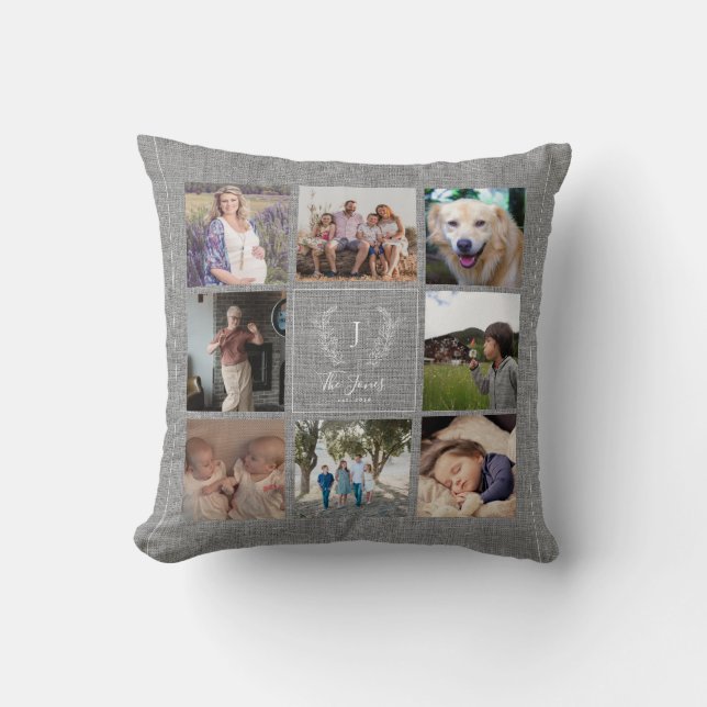 Family 8 photo collage monogram name rustic burlap throw pillow (Front)