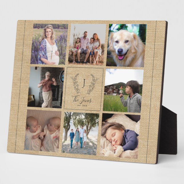 Family 8 photo collage monogram name rustic plaque (Side)