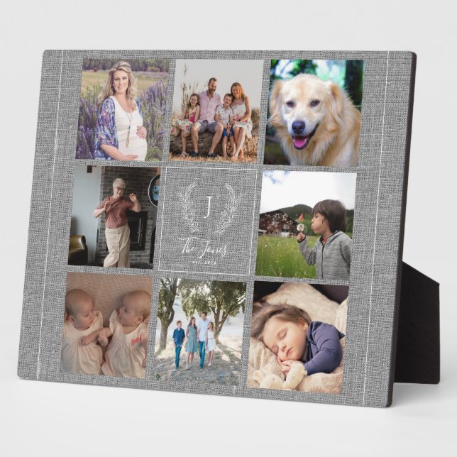 Family 8 photo collage monogram name rustic plaque (Side)