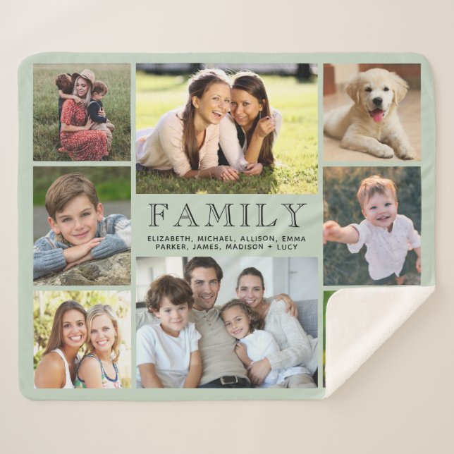 Family 8 Photo Collage Sage Green Sherpa Blanket (Front (Horizontal))