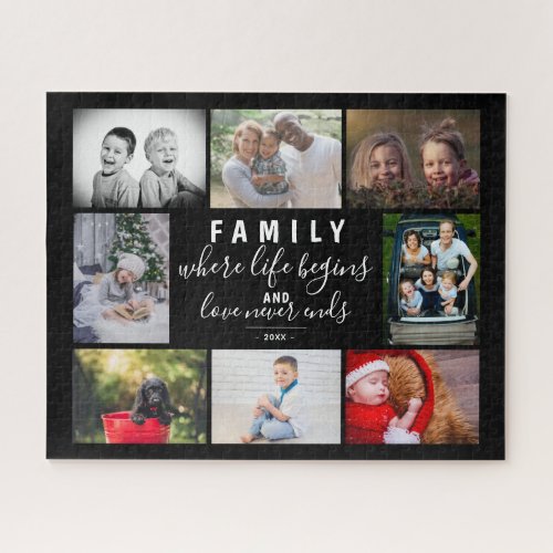 Family 8 Photo Collage Saying Script Black Jigsaw Puzzle