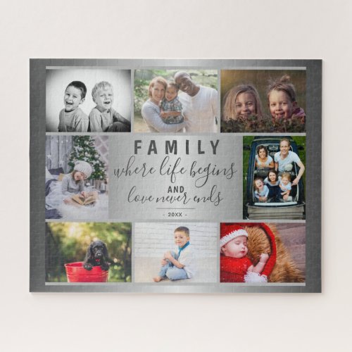 Family 8 Photo Collage Silver Saying Trendy Script Jigsaw Puzzle