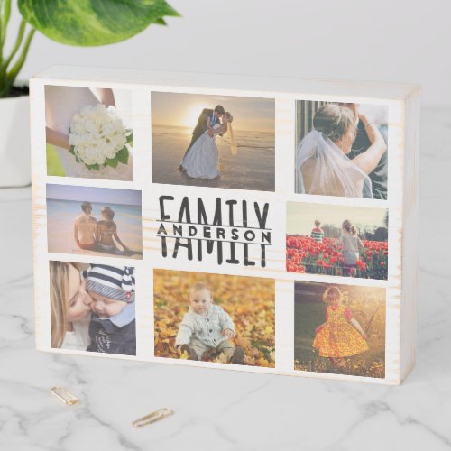 Family 8 Photo Collage Template Custom Name White Wooden Box Sign