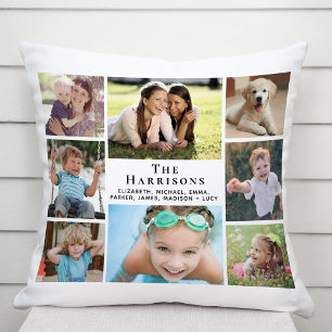 Family 8 Photo Collage White Throw Pillow