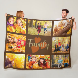 Family 8 Photo Fall Autumn Brown Gold Hearts Fleece Blanket