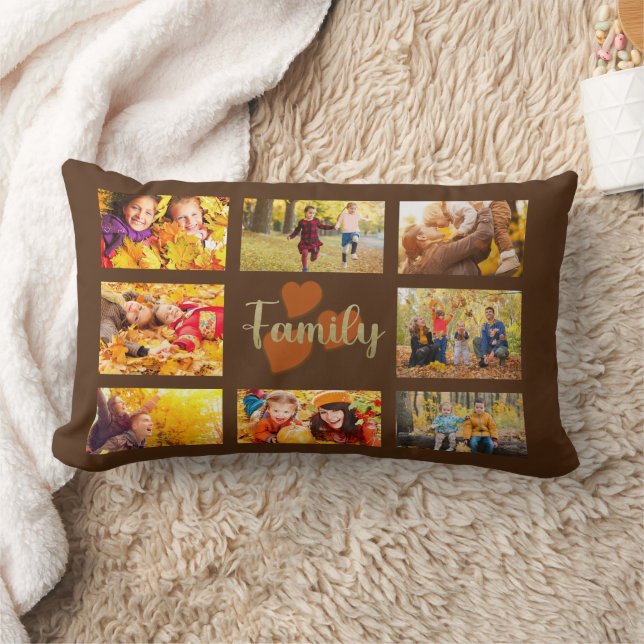 Family 8 Photo Fall Autumn Brown Gold Hearts Lumbar Pillow (Blanket)