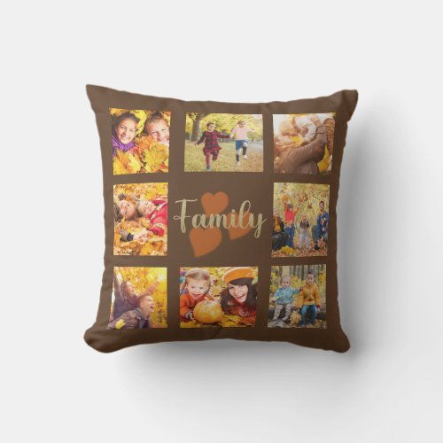 Family 8 Photo Fall Autumn Brown Gold Hearts Outdoor Pillow