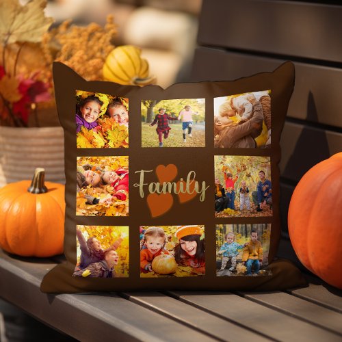 Family 8 Photo Fall Autumn Brown Gold Hearts  Throw Pillow