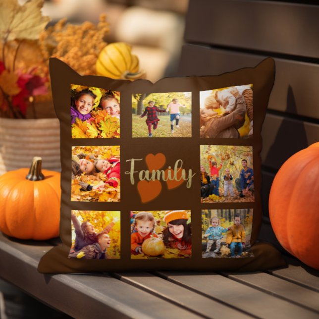 Family 8 Photo Fall Autumn Brown Gold Hearts  Throw Pillow (8-photo "Family Hearts" warm autumn brown decorator pillow)