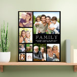 Family 9 Photo Collage Black Faux Canvas Print<br><div class="desc">A custom photo collage faux canvas print for your family featuring 9 photos,  "Family, " and your names white typography against a black background. The colors of the background and text can be changed by editing in the design tool.</div>