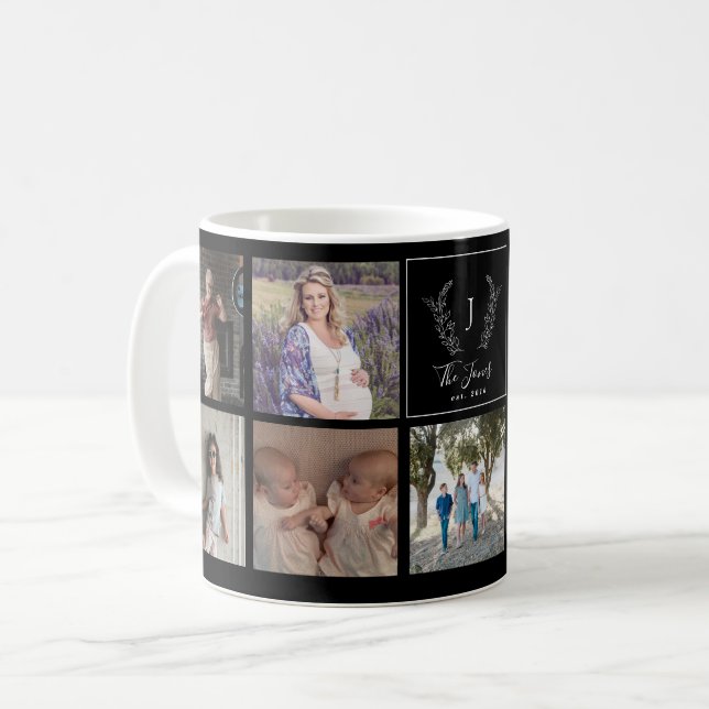 Family 9 photo collage monogram name personalized coffee mug (Front Left)