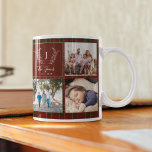 Family 9 photo collage monogram name personalized  coffee mug<br><div class="desc">Custom monogram and name with family established year 9 photo grid simple elegant dark red green plaid tartan keepsake custom photos coffee mug.         A thoughtful gift for Christmas,  family anniversary or Thanksgiving.</div>