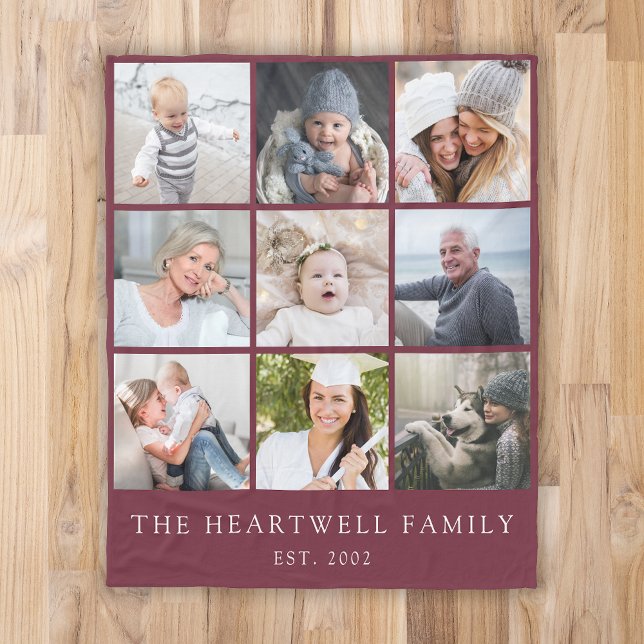 Family 9 Photo Collage Personalized Burgundy Fleece Blanket (Creator Uploaded)