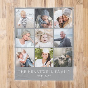 Family 9 Photo Collage Personalized Gray Fleece Blanket