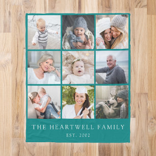 Family 9 Photo Collage Personalized Teal Blue Fleece Blanket