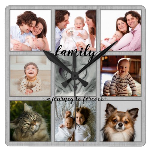 Family A Journey to Forever Rustic Photo Collage Square Wall Clock