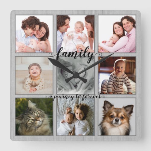 Family A Journey to Forever Rustic Photo Collage Square Wall Clock