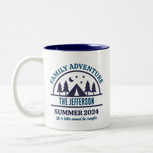 Family Adventure Camping Trip Personalized Name Two-Tone Coffee Mug (Left)