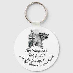 Family Always in Your Heart Quote Cute Raccoons Keychain