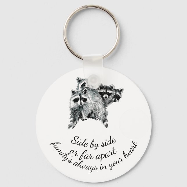 Family Always in Your Heart Quote Cute Raccoons Keychain (Front)