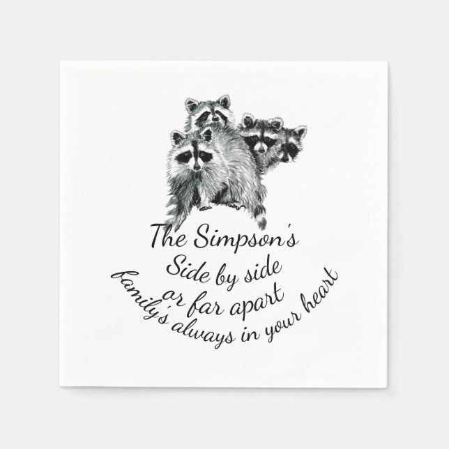 Family Always in Your Heart Quote Cute Raccoons Napkins (Front)