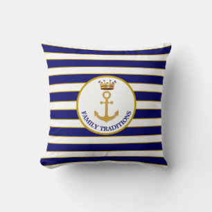 Family Anchor & Crown on Navy Blue & White Striped Throw Pillow