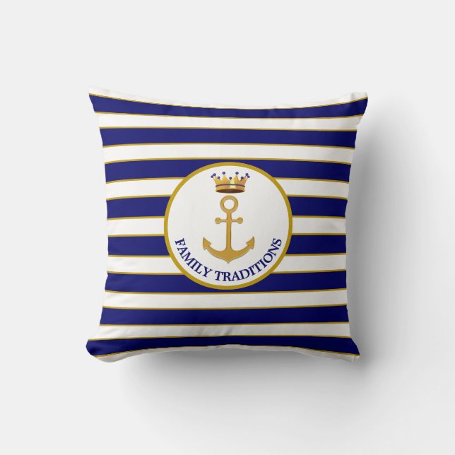 Family Anchor & Crown on Navy Blue & White Striped Throw Pillow (Front)