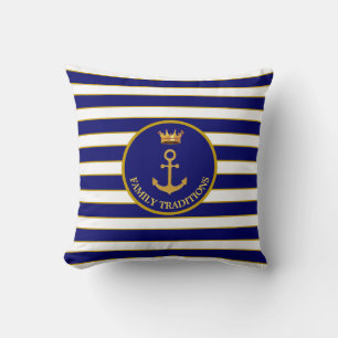 Family Anchor & Crown on Navy Blue & White Striped Throw Pillow